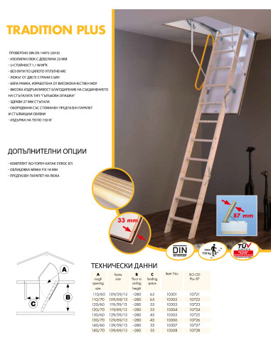 Сгъваема таванска стълба Tradition PLUS 139/69/-280 см - топлоизолирана, бял капак MDF