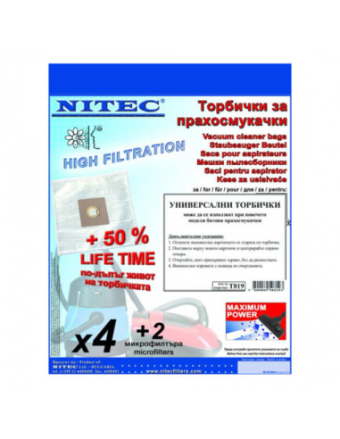 Торбички за прахосмукачка Nitec Т819 - Универсални, 4 броя, 2 микрофилтъра