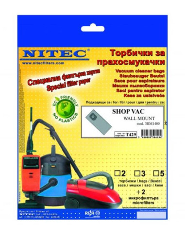 Торбички за прахосмукачка Nitec Т429 - Подходящи за прахосмукачки Shop Vac, 5 броя, 2 микрофилтъра