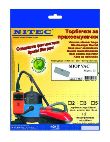 Торбички за прахосмукачка Nitec Т463 - Подходящи за прахосмукачки Shop Vac, 5 броя, 2 микрофилтъра