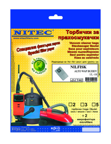 Торбички за прахосмукачка Nitec Т462 - Подходящи за прахосмукачки NilFisk, 3 броя, 2 микрофилтъра