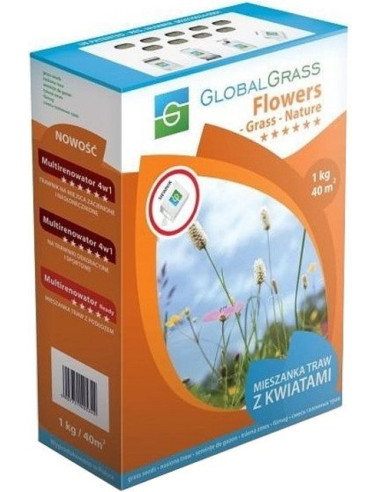 Тревна смеска Global Grass Flowers Grass - 1 кг, до 40 м², със семена за цветя