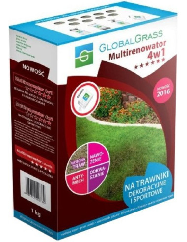 Тревна смеска Global Grass Multirenowator 4 в 1 - 1 кг, 35-40 м², за възстановяване на тревни площи