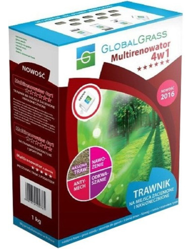 Тревна смеска Global Grass Multirenowator 4 в 1 - 1 кг, 35-40 м², за възстановяване на тревни площи