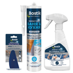 Промо пакет Bostik - Санитарен силикон Баня и Кухня + Заглаждащ спрей + Шпатула