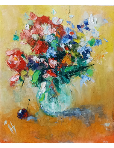 Пролетни цветя, натюрморт  - 21/23 см - маслена картина, автор Ивайло Стоянов