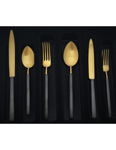 Комплект прибори за хранене “VINTAGE“- 36 части- златни с черна дръжка - PVD покритие - мат - HERDMAR