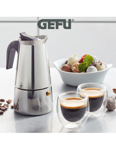 Комплект стоманена кафеварка за( 4 бр кафета)“EMILIO“ и 2 бр двустенни чаши за еспресо - GEFU