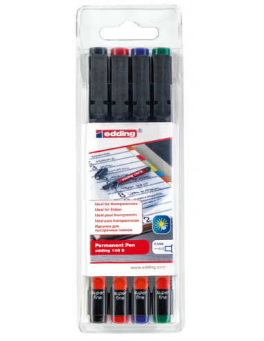 Перманентни маркери OHP Edding 140S - Комплект от 4-ри цвята ( черен, син, червен, зелен) с метален връх 0.3 мм