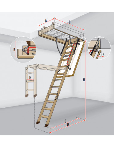 Дървена таванска стълба LWK Komfort - 70 х 94 см, h 280 см, термоизолиран капак