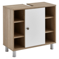 Imagén: Шкаф под умивалник Riva Wood - 30x65x60 см, ПДЧ, бял и дъб, 1 врата, 6 рафта