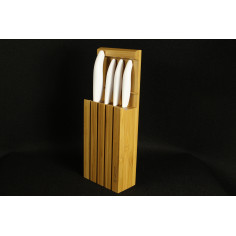Комплект от 4 бр.керамични ножове ( бяло острие / бяла дръжка) + бамбуков блок