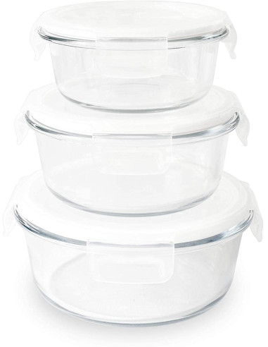 Сет от 3 бр. кръгли стъклени кутии за храна с различни размери - 400, 620, 950 мл.